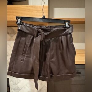 High-Rise Faux Leather Paperbag Shorts in Dark Brown